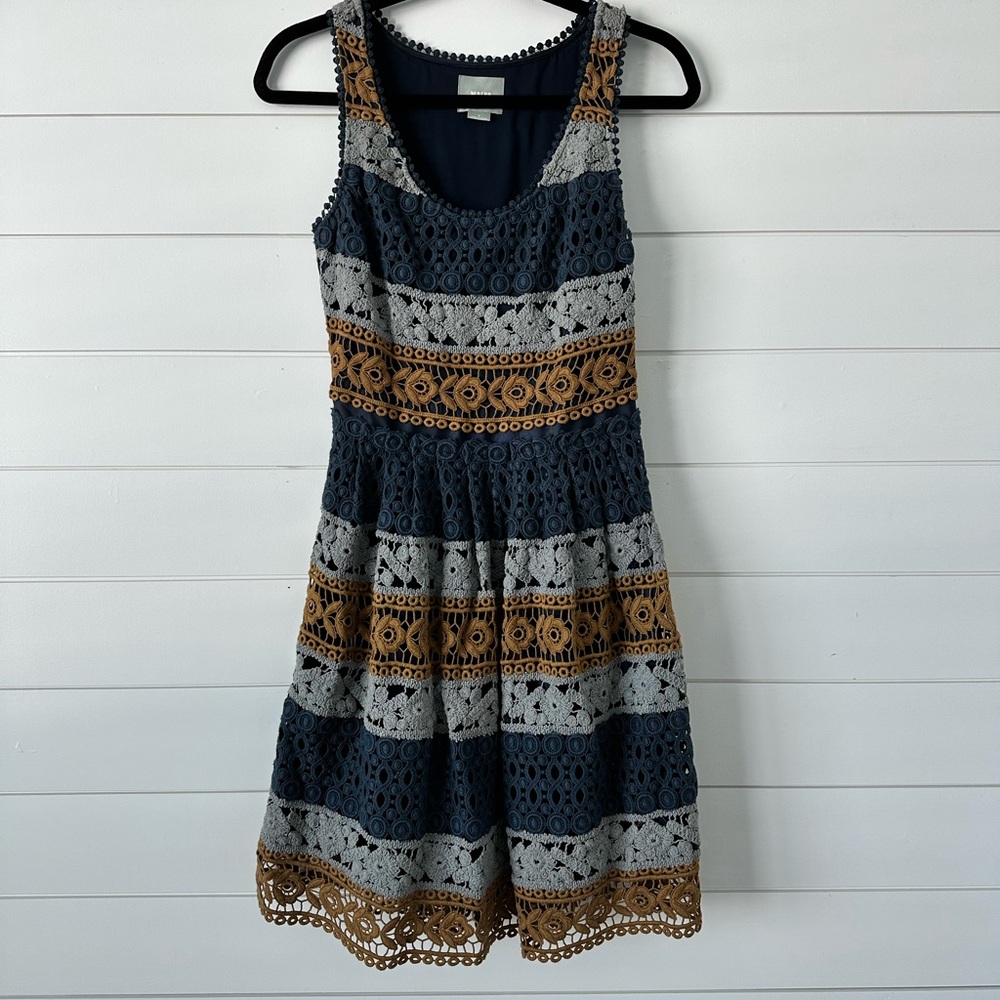 Anthropologie Blue and Gold Lace Dress